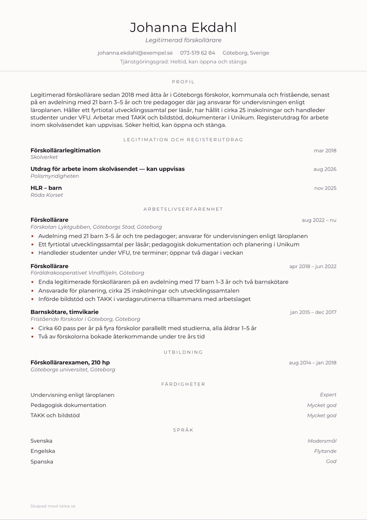 CV-exempel för förskollärare i mallen Antikva