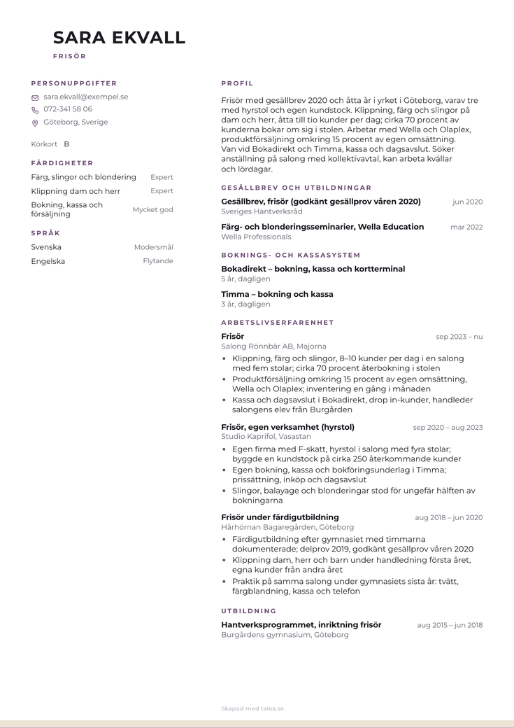 CV-exempel för frisör i mallen Puder