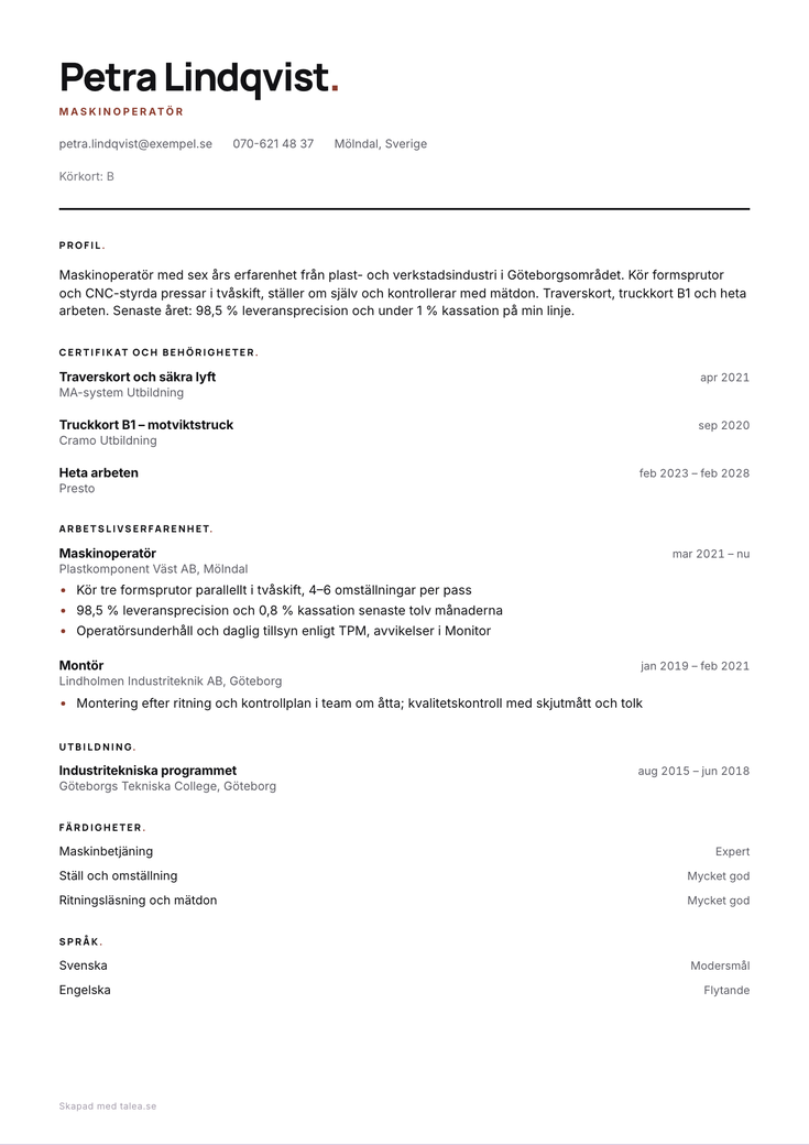 CV-exempel för industriarbetare i mallen Grotesk