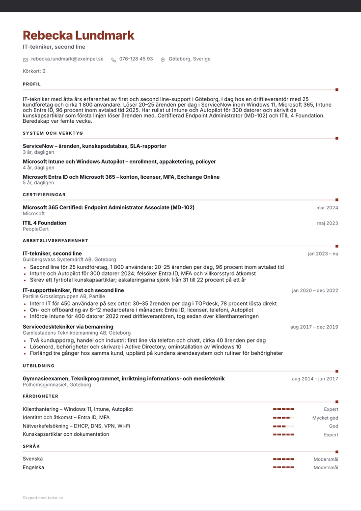 CV-exempel för IT-tekniker i mallen Ribba