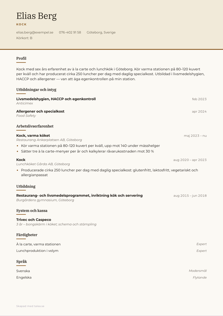 CV-exempel för kock i mallen Sand
