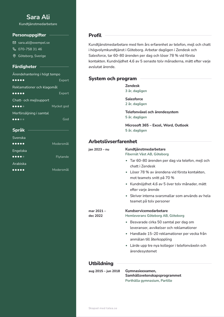 CV-exempel för kundtjänstmedarbetare i mallen Modern
