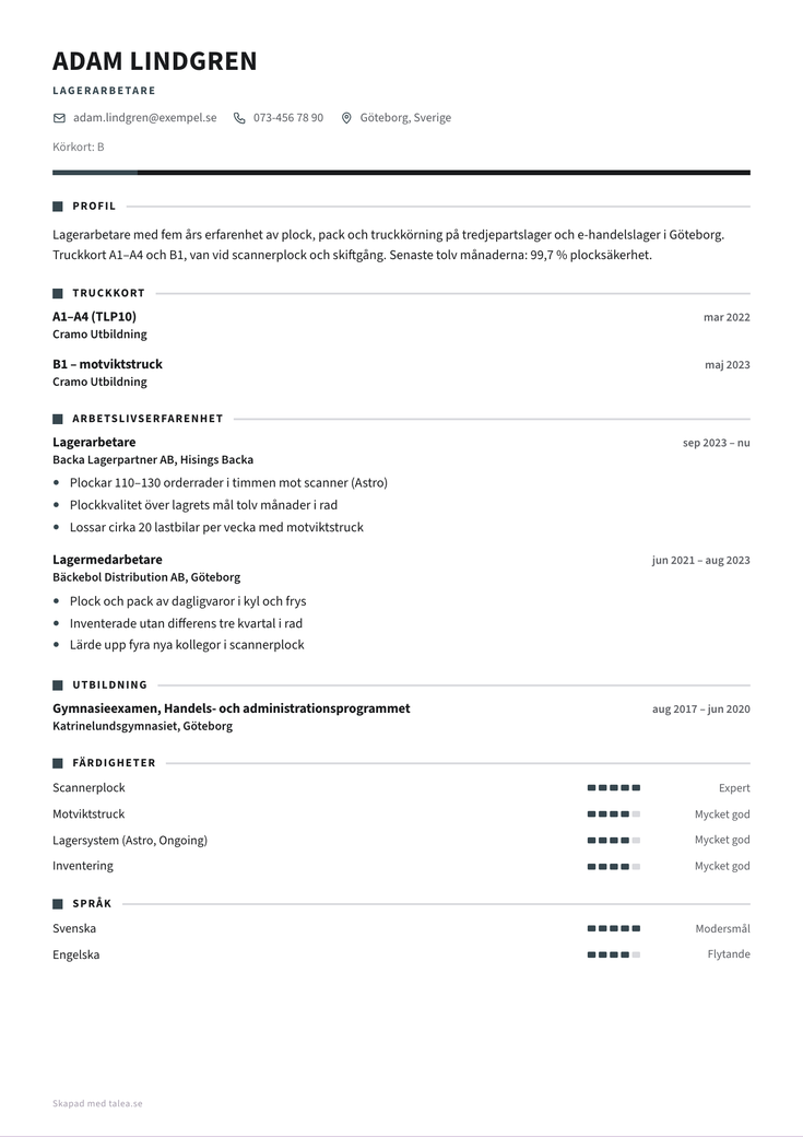 CV-exempel för lagerarbetare i mallen Verkstad