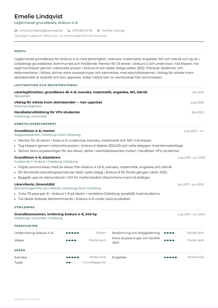 CV-exempel för lärare i mallen Akademisk