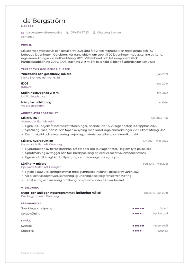 CV-exempel för målare i mallen Ram