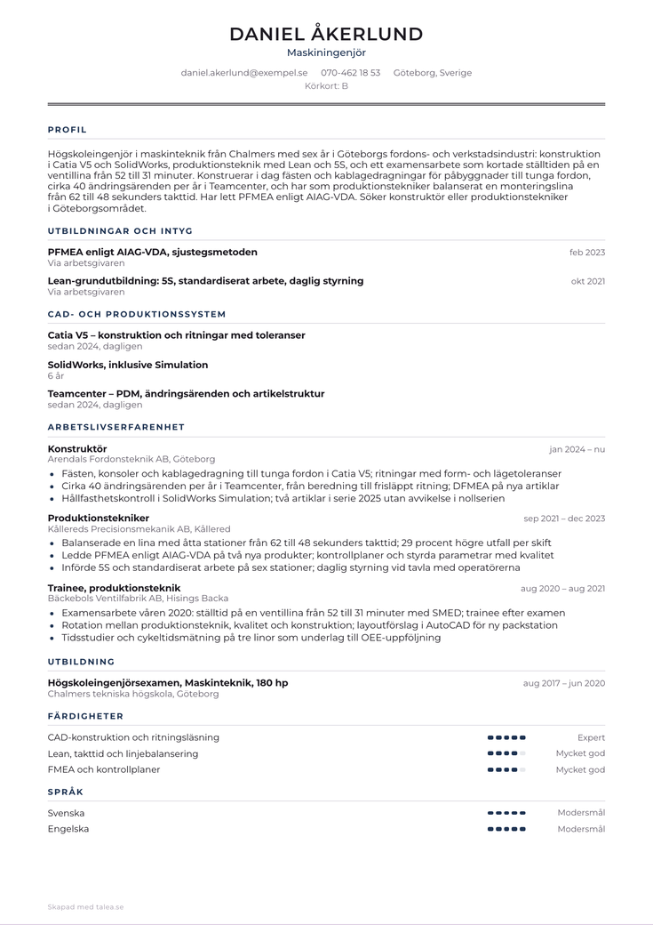 CV-exempel för maskiningenjör i mallen Tradition