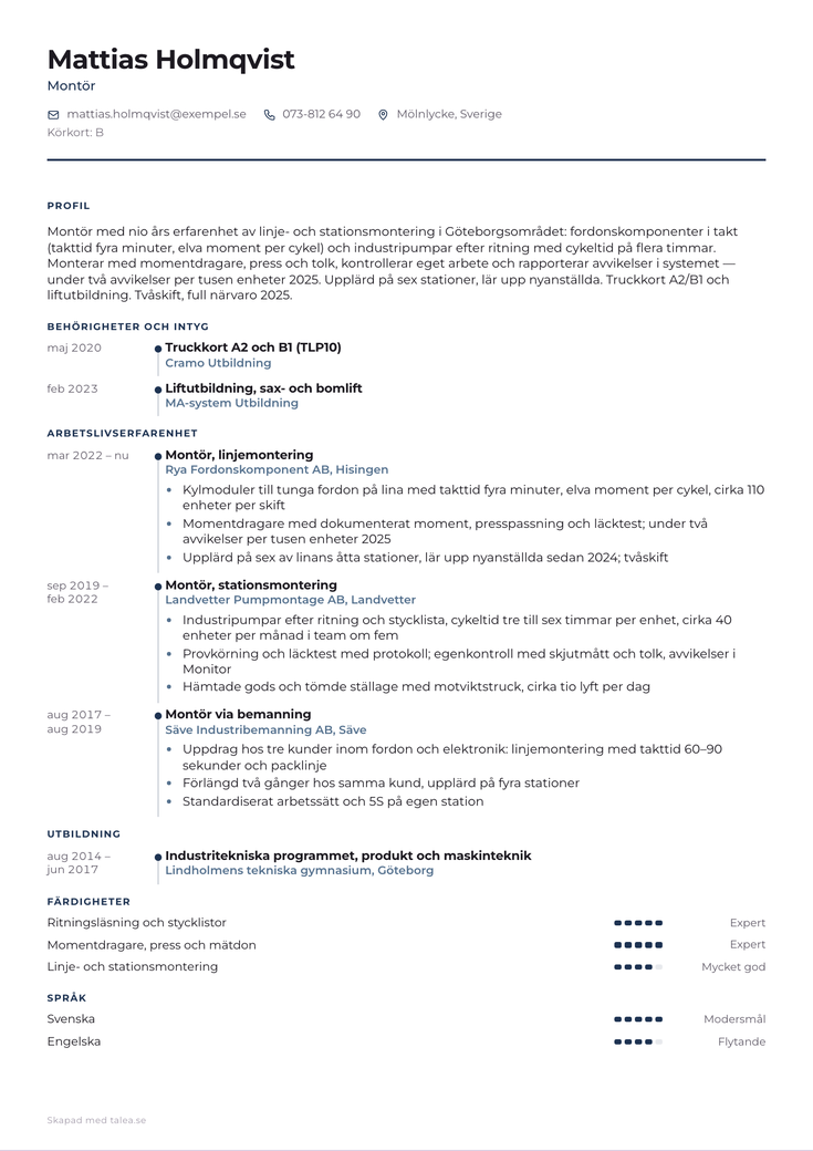 CV-exempel för montör i mallen Tidslinje