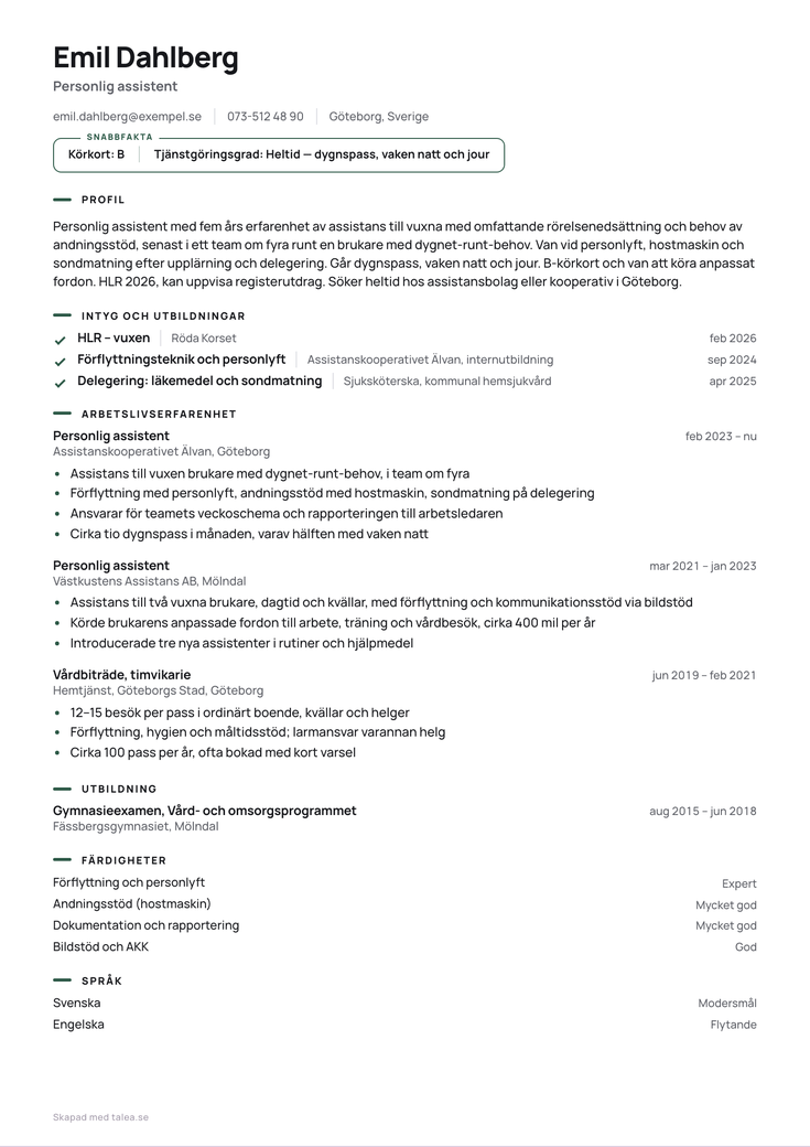CV-exempel för personlig assistent i mallen Ruta