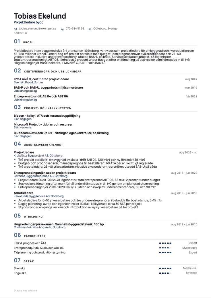 CV-exempel för projektledare i mallen Kapitel