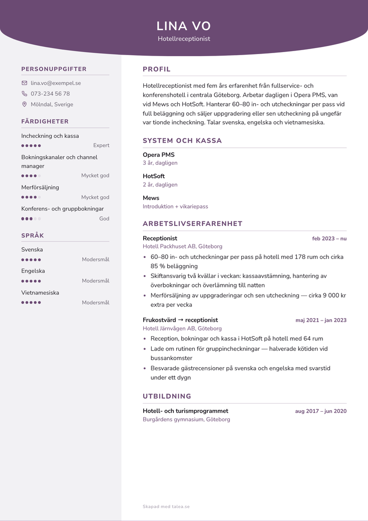 CV-exempel för receptionist i mallen Våg