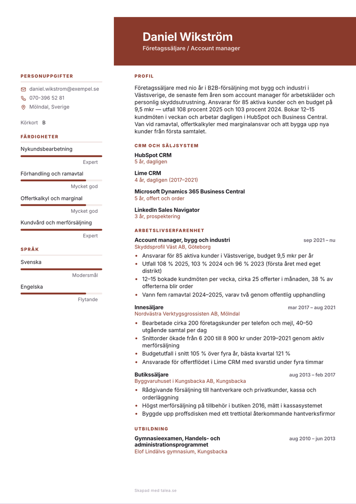 CV-exempel för säljare i mallen Fyr