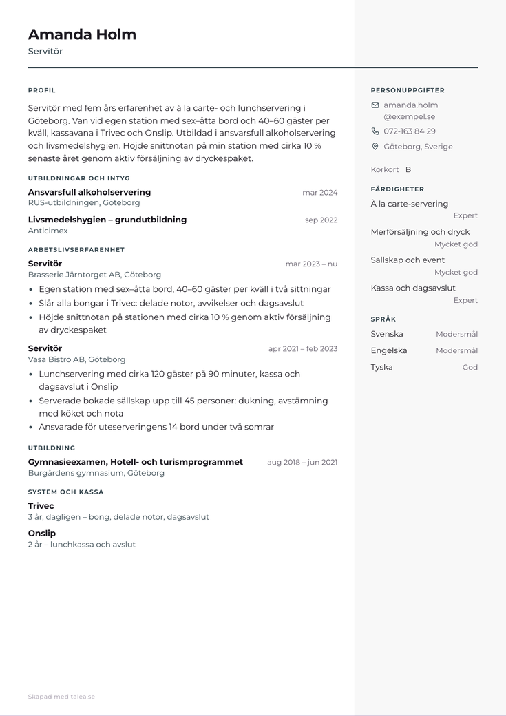 CV-exempel för servitör i mallen Kompakt