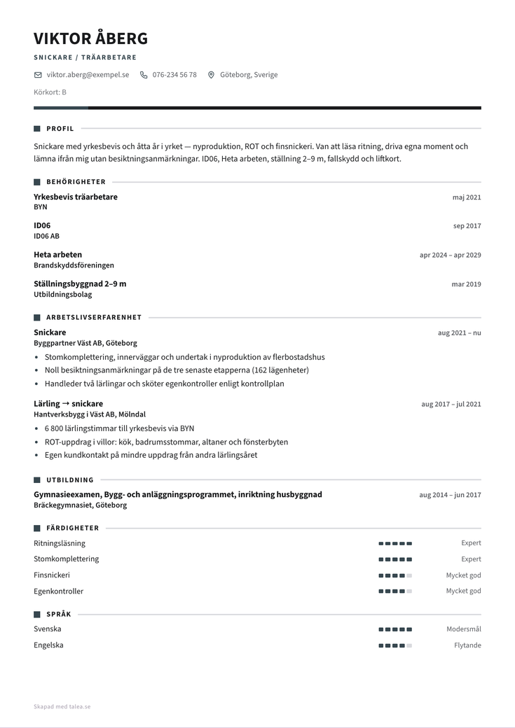 CV-exempel för snickare i mallen Verkstad