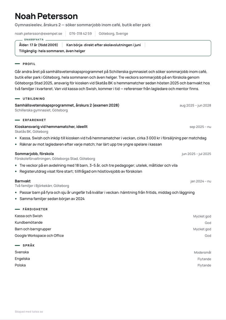 CV-exempel för dig som söker sommarjobb i mallen Ruta