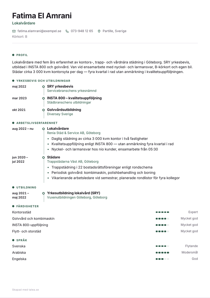 CV-exempel för städare i mallen Pärla