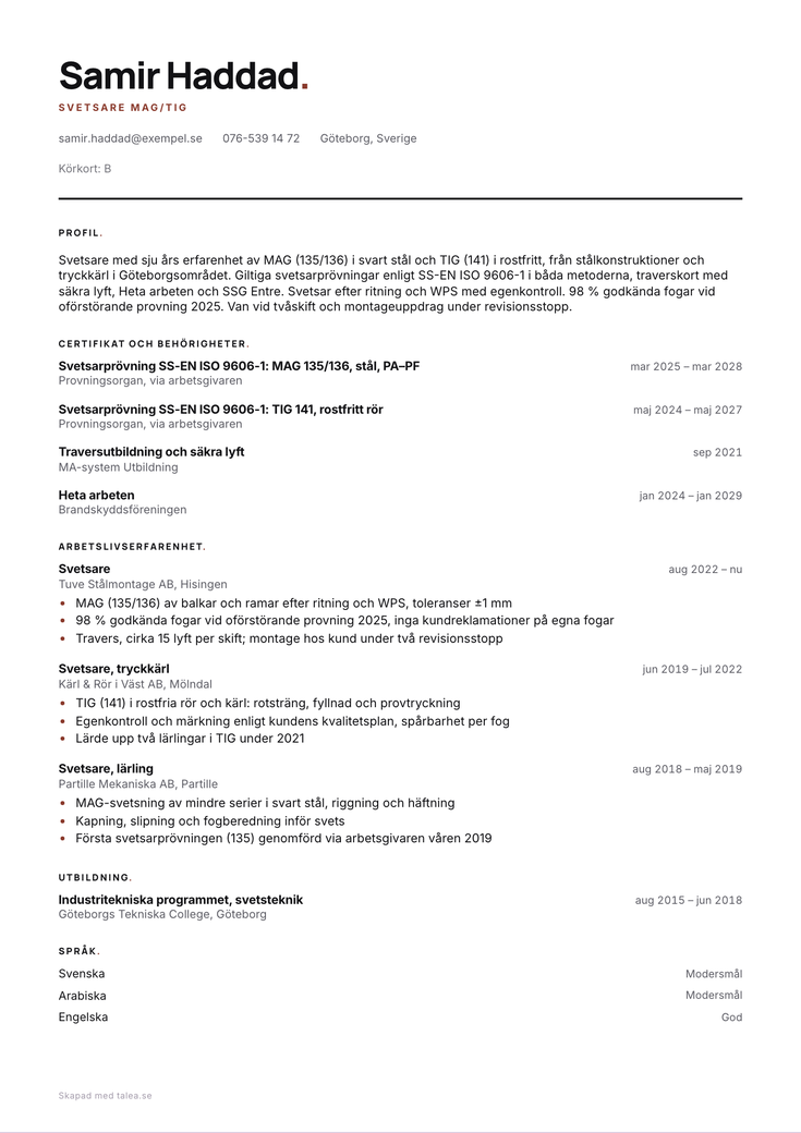 CV-exempel för svetsare i mallen Grotesk