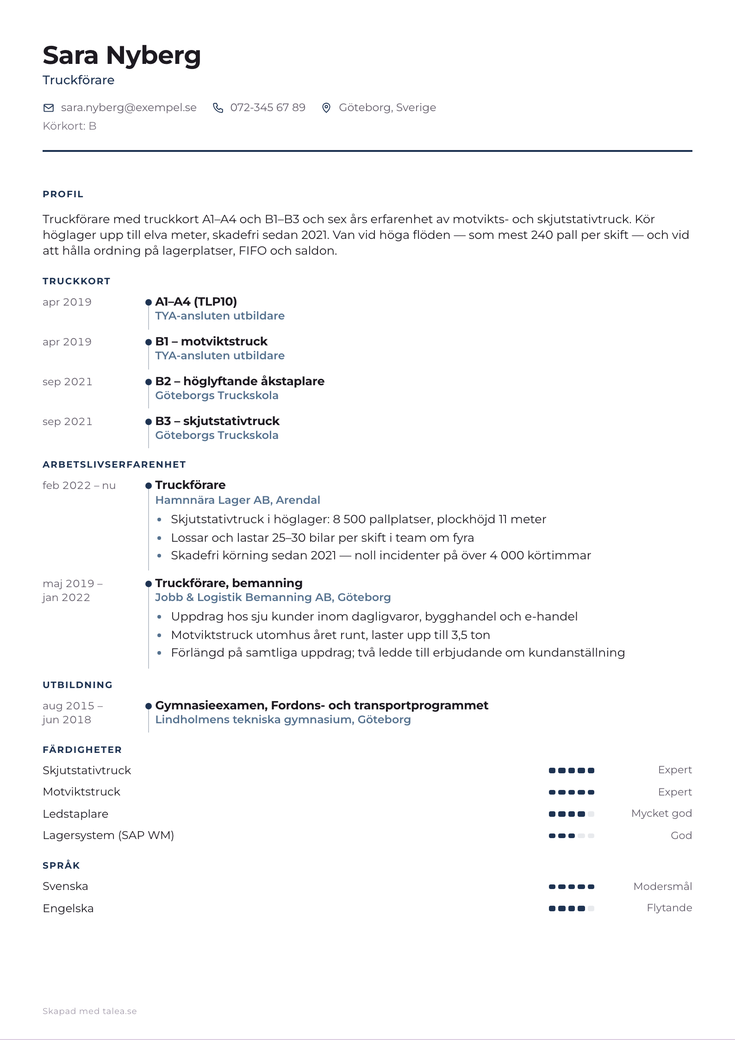 CV-exempel för truckförare i mallen Tidslinje