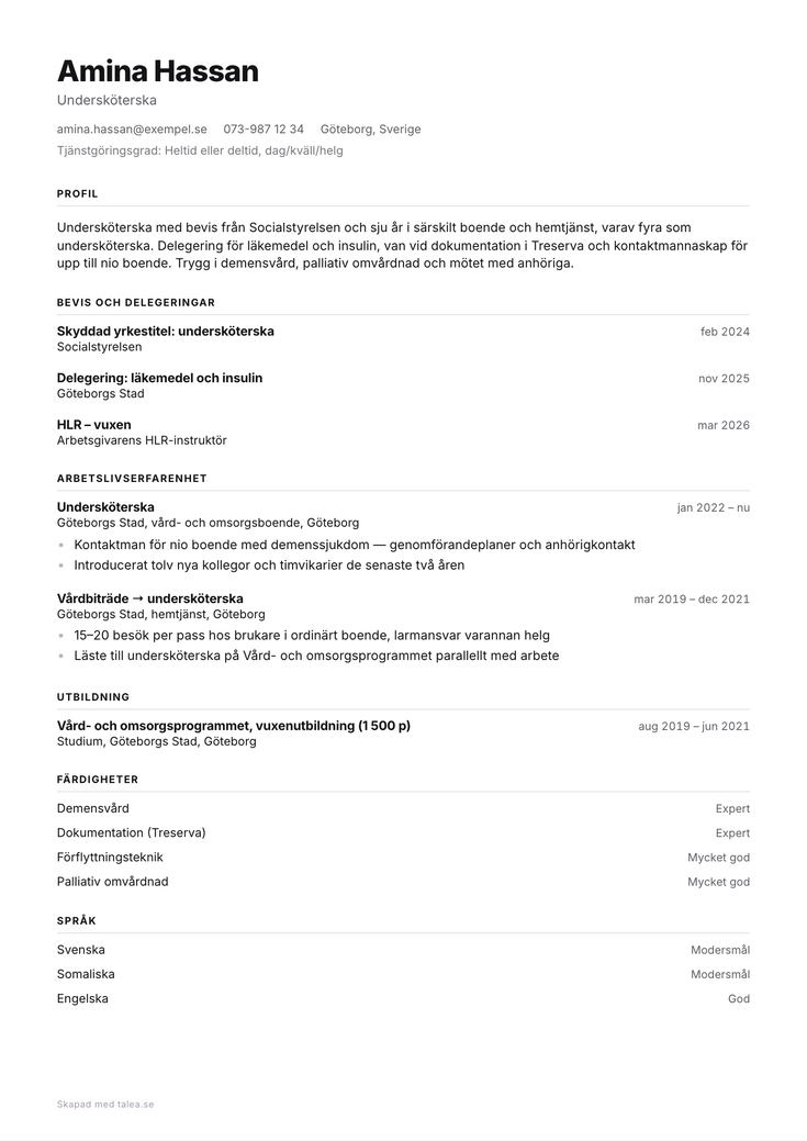 CV-exempel för undersköterska i mallen Klar