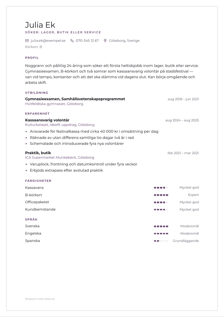 CV-exempel för dig utan arbetslivserfarenhet i mallen Ram