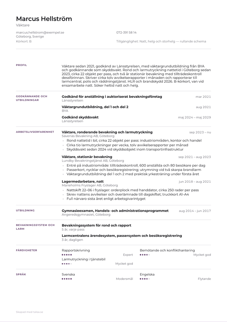 CV-exempel för väktare i mallen Kontor