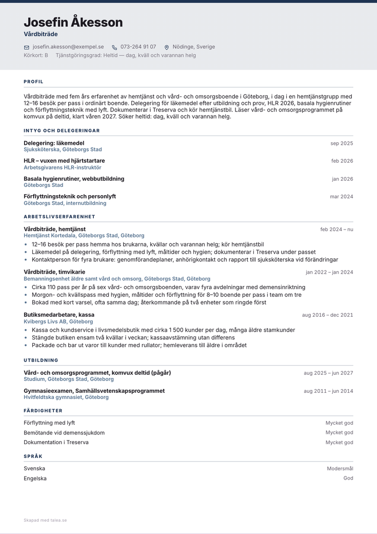 CV-exempel för vårdbiträde i mallen Fond